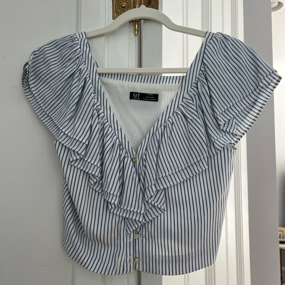 ZARA short sleeve stripped button down with ruffle detail